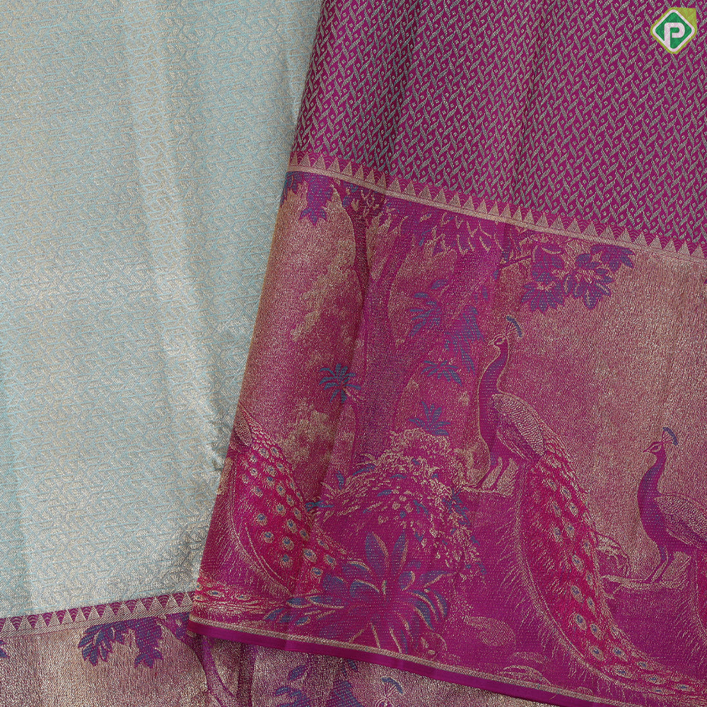 Pista green gold zari zig zag crystal design purple peacock under tree art effect trendy tissue silk saree