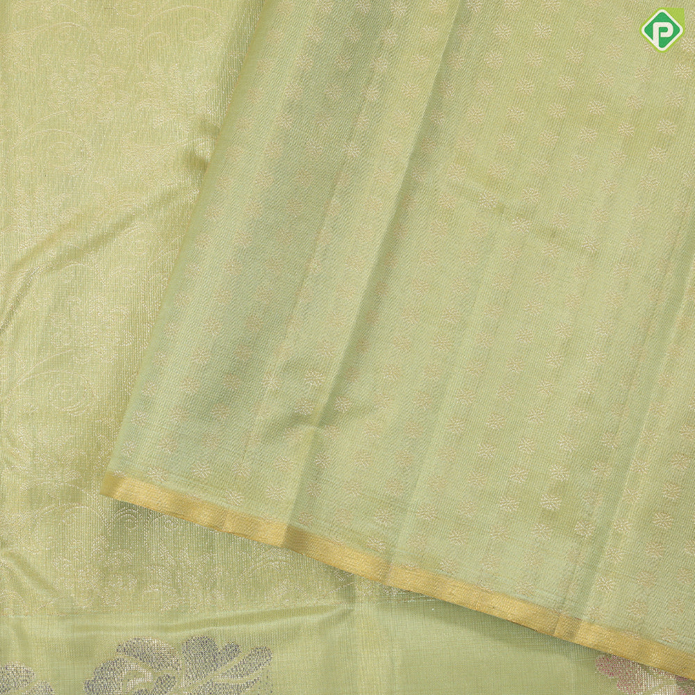 pista green gold zari grand floral tissue weaved design self meena work floral border trendy tissue silk saree