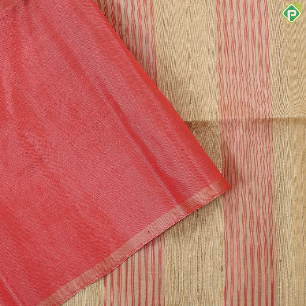 Beige brick red and gold zari round butta design borderless grand pallu soft silk saree