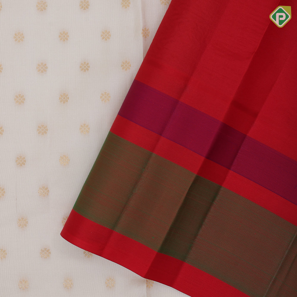 cream white gold zari flower butta design red meena work border traditional gift silk saree