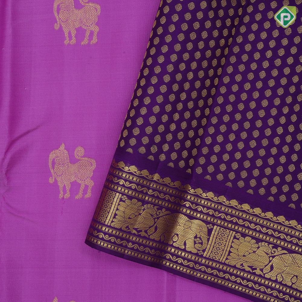 Pink Gold Zari Yali Butta Design Purple Elephant Peacock Border Design Traditional Silk Saree