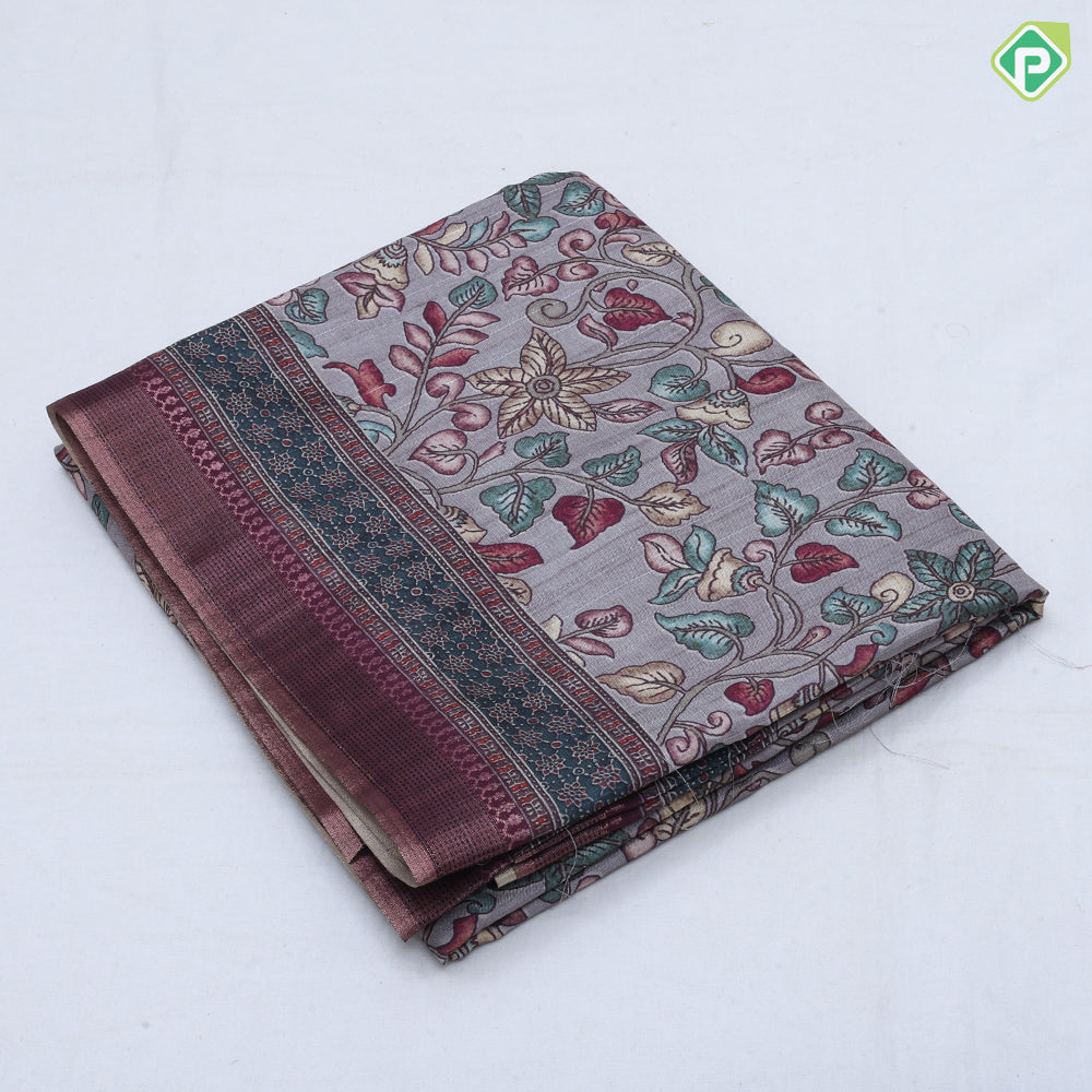 Multi color kalamkari style digital printed design double design border semi tusser saree