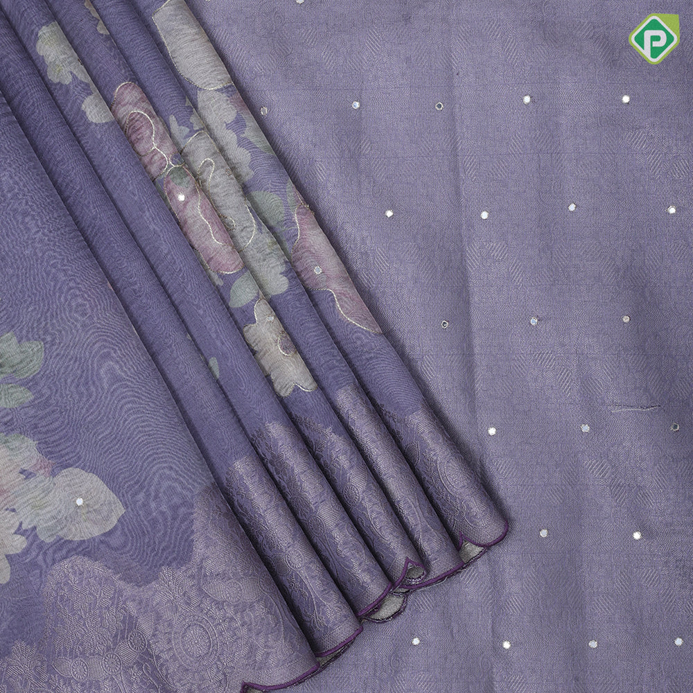Purple with silver zari floral tissue design self zari floral pattern border fancy tissue saree