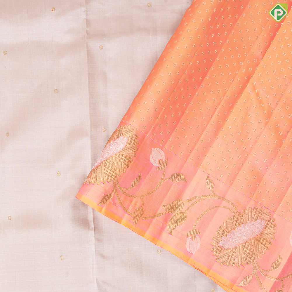 Beige With Gold Zari Small Button Butta Motifs gold Silver Zari Floral Creeper Design Border Traditional Silk Saree