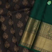 Black Colour Gold Zari Small Checked Thilagam Butta Design Green Colour Peacock Chagaram Border Design Luxury Black Silk Saree