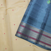 Sandal Wood Color Small Motif With Gray Color Thread Work And Temple Design Border Traditional Silk Saree