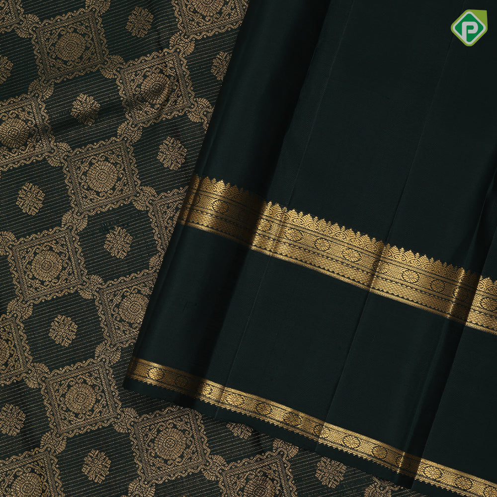 Olive green gold zari grand butta filled checks design self gold zari bentex border bridal silk saree