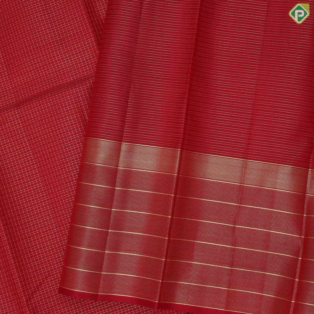 Tomato red gold zari small checked window panel self gold zari divided border traditional silk saree