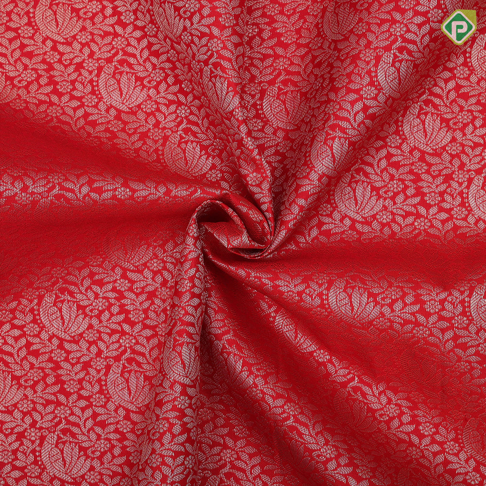 Tomato red silver gold zari grand floral design pale pink gold zari rettapattai border pattu paavadai lehanka