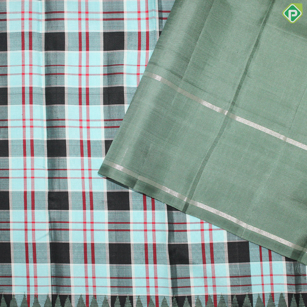 Aqua Blue With Multi Colour Checks Design Cardamom Green Border Traditional Silk Saree