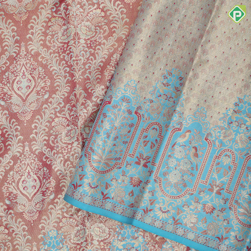 Onion pink grand floral design sea blue gold zari twitter bird flower fancy frame border tissue silk saree