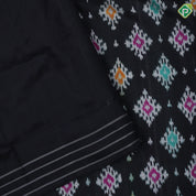 Black with multi color ikkat diamond design self white lines border ikkat poochampalli silk saree
