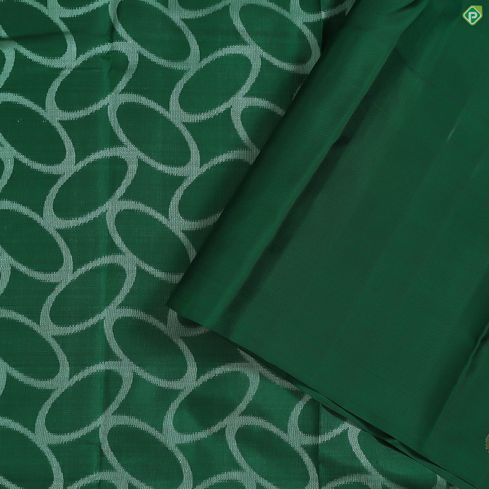 Bottle Green With Half White Rings Gold Zari Big Leaf Butta Motifs Border Trendy Linen Silk Saree