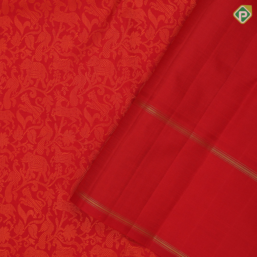 Chilly red base orange silk thread work vanasingaram design self gold zari retta pett border traditional bridal silk saree