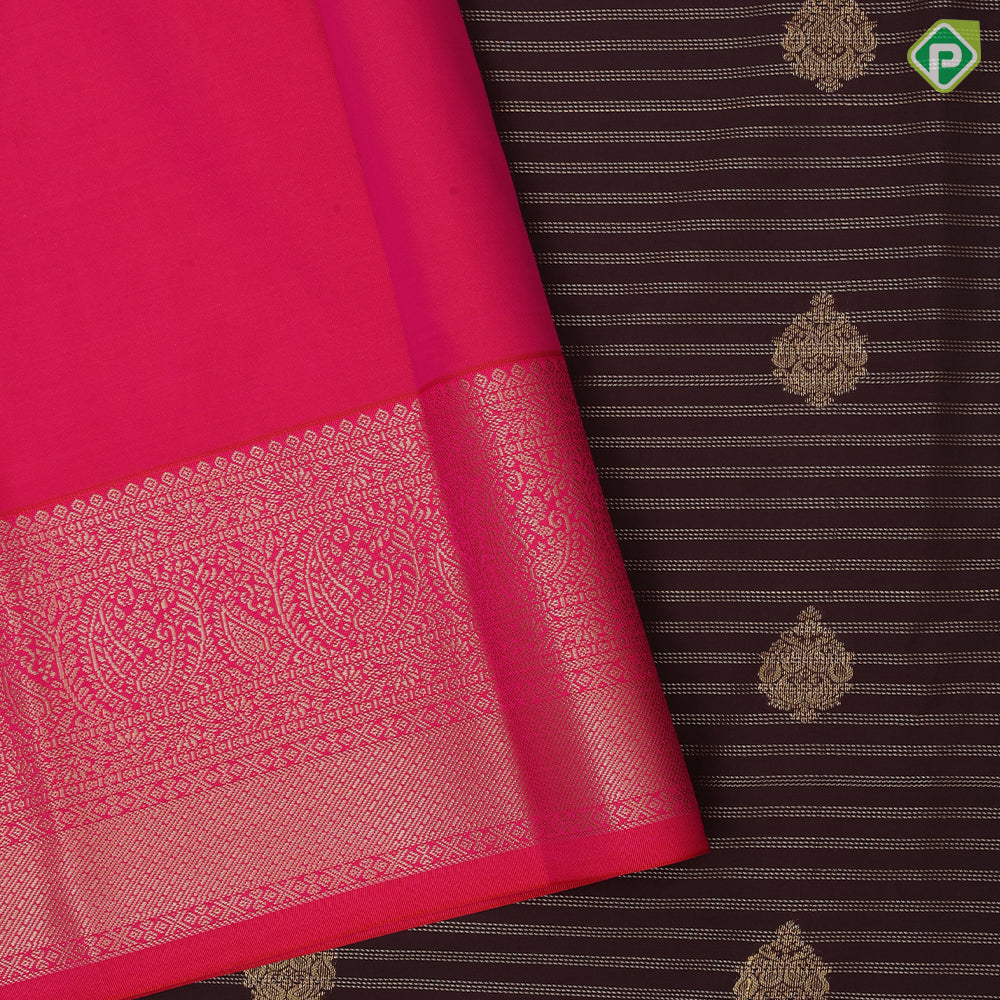 Chocolate brown gold zari lines and thilagam butta Rani pink gold zari mango design border art silk saree