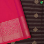 Chocolate brown gold zari lines and thilagam butta Rani pink gold zari mango design border art silk saree
