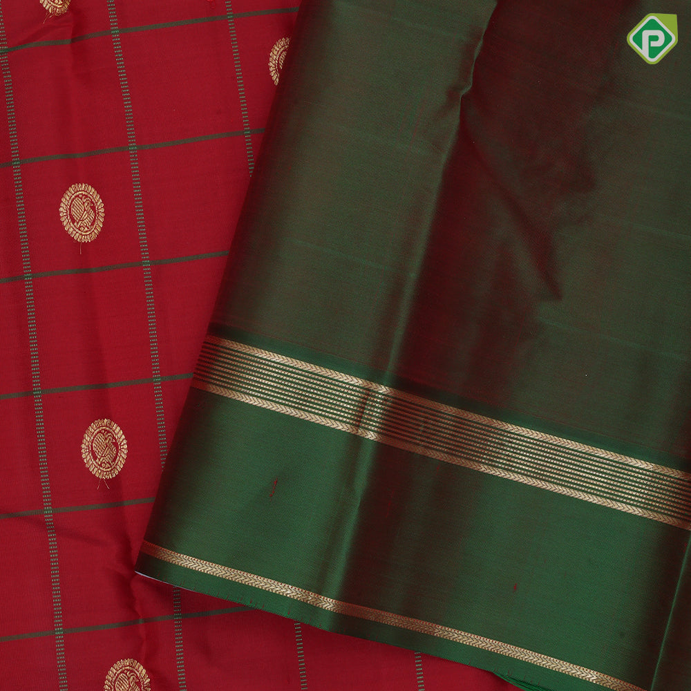 Chilly red gold zari peacock round butta green with gold zari lines border gift silk saree