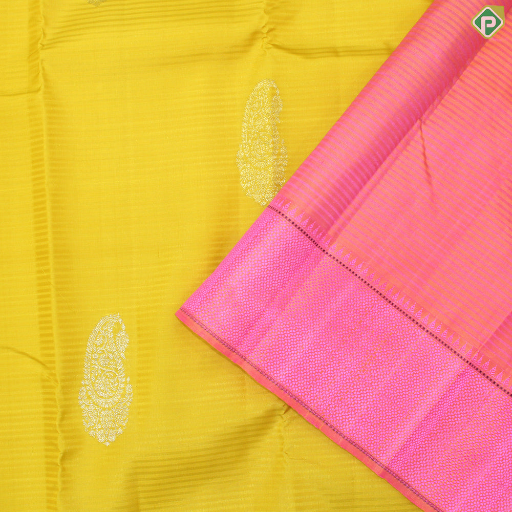 Mustard Yellow Gold Zari Mango Motif With  Pink Thread Work Border Traditional Silk Saree