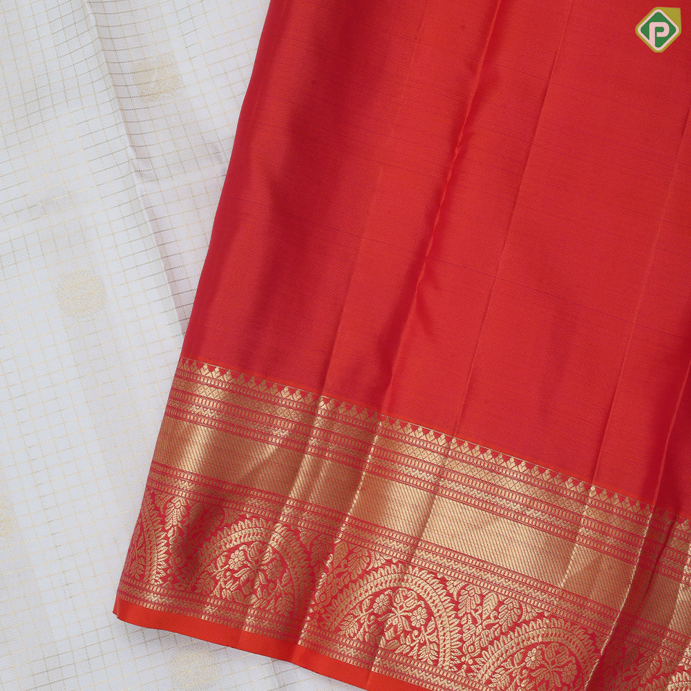 White gold zari checked window panel peacock chakkaram design pinkish orange gold zari border traditional silk saree