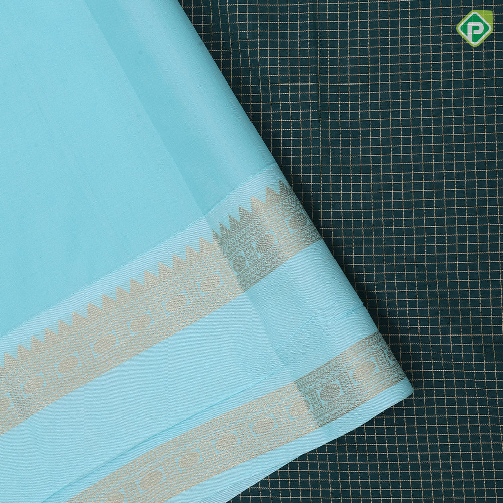Bottle green gold zari vairaoosi checkered kattam turquoise gold zari retta pattai border uniform art silk saree