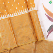 Cream white multicolor flying twitter ikkat design Mustard yellow gold zari multi lines border ikkat silk saree