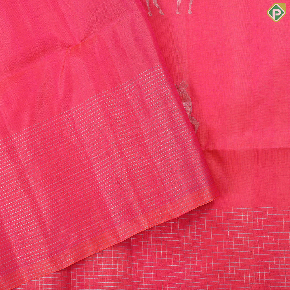 Orangish pink silver gold zari deer butta body design self zari kattam border Soft silk Saree
