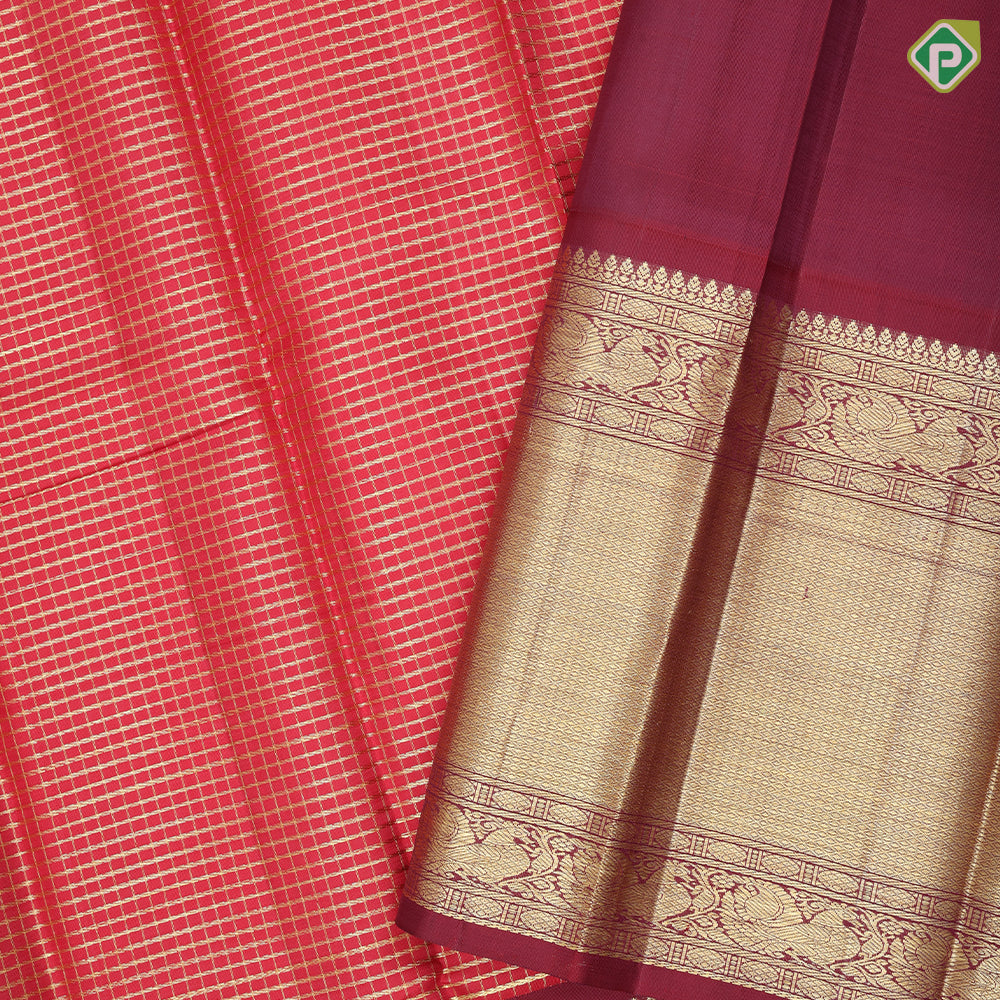 Maroon gold zari vairaoosi checks window panel design self gold zari diamond butta border traditional silk saree