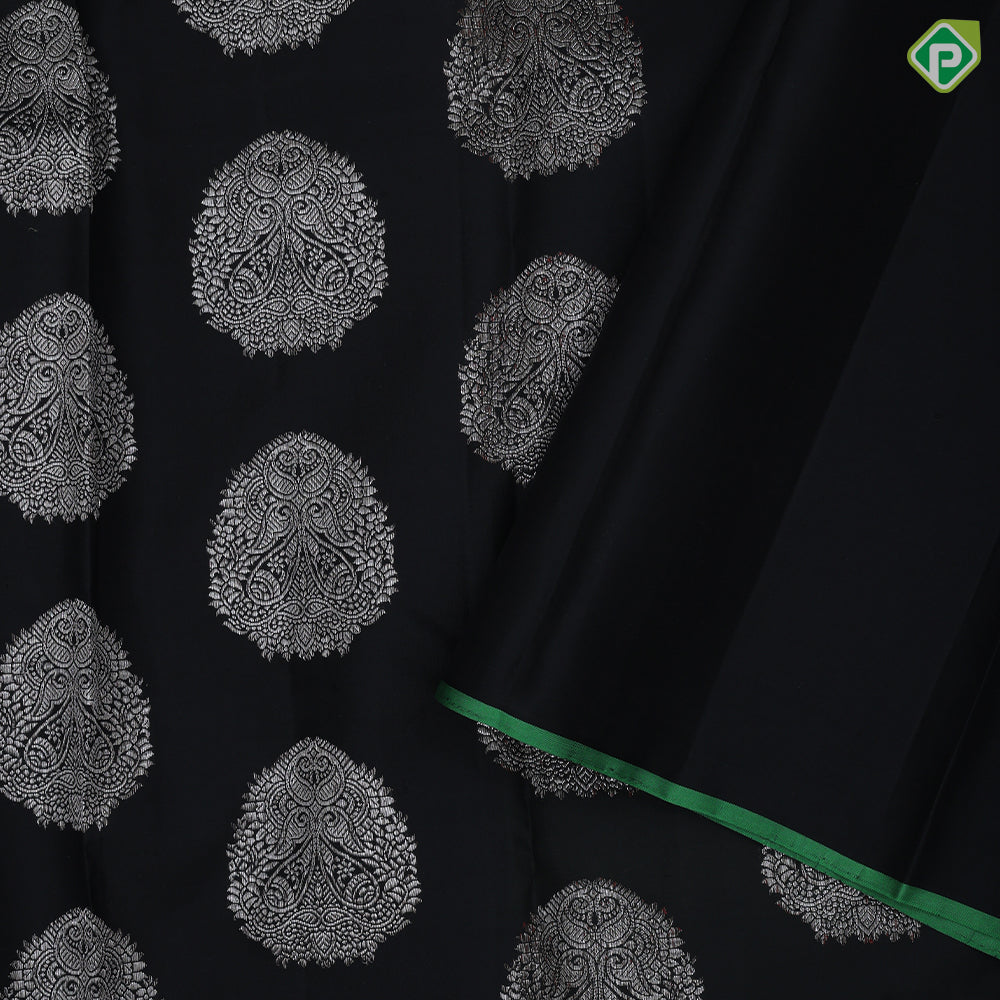 Black colour Silver Zari Thigam Butta Design Border Less Ledge Green Colour Luxury Black Silk Saree