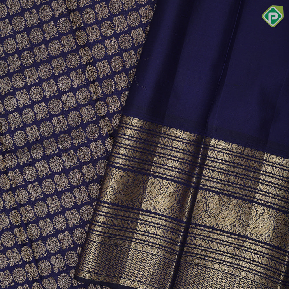 Indigo Blue gold zari peacock rudraksham full body butta self color gold zari multi design lines bridal silk saree