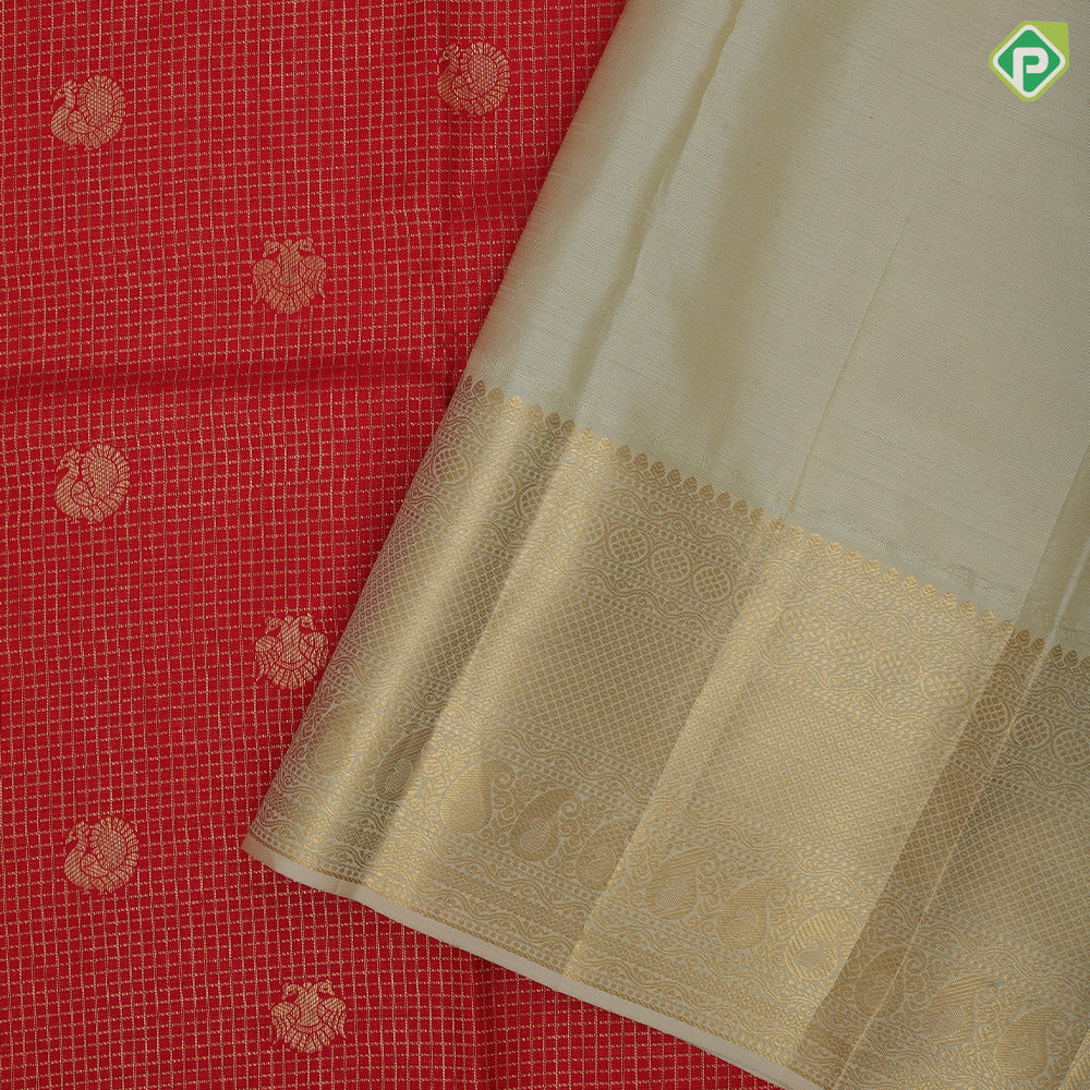 Candy apple red  gold  zari peacock checks  design milk white mango ruthratcha mayilkon border design traditional silk saree