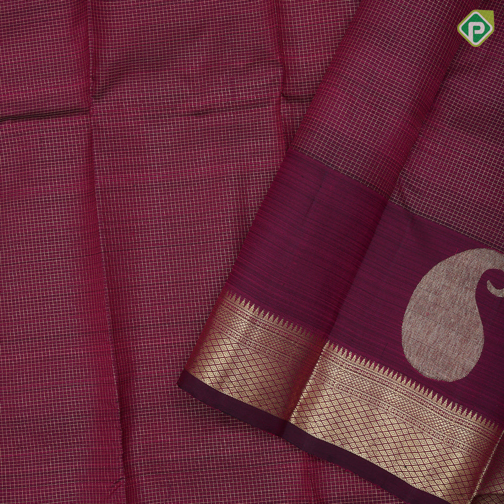 Maroon gold zari micro kattam design self gold zari big mango padded diamond border koorai silk saree