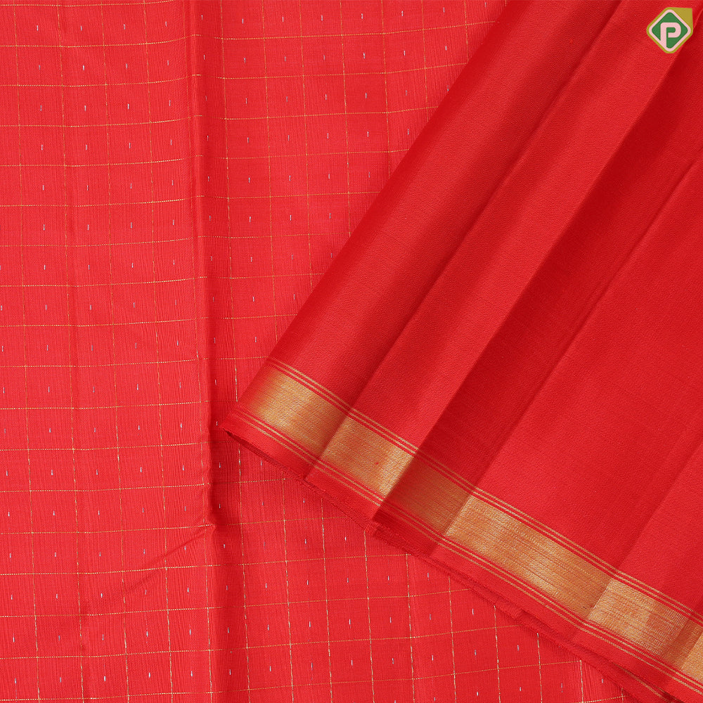 Brick red gold zari mid dotted Checkered design and self gold zari edge border traditional silk saree
