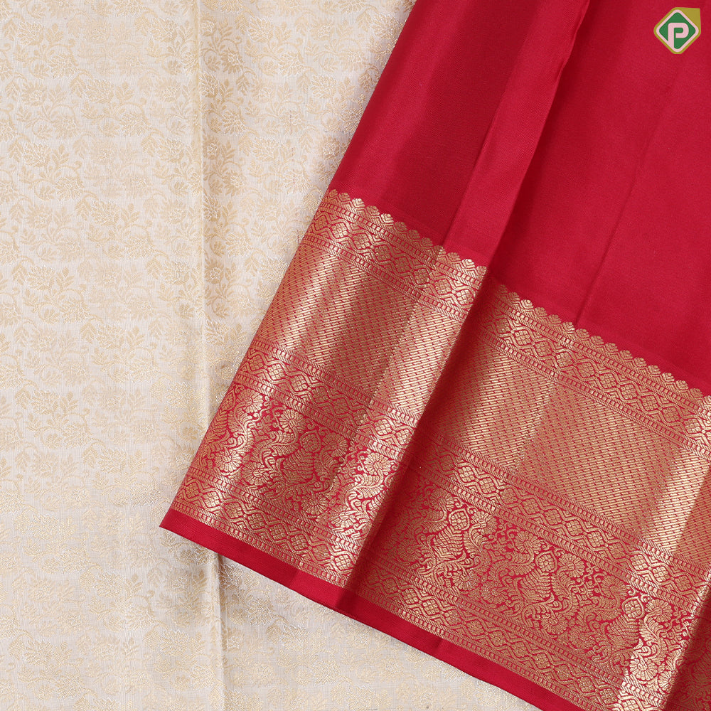 Milk white gold zari grand floral design contrast maroon with gold zari border bridal silk saree