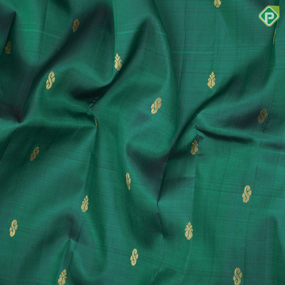 Dark green gold zari fancy butta manthulir green gold zari diamond design one side border silk saree