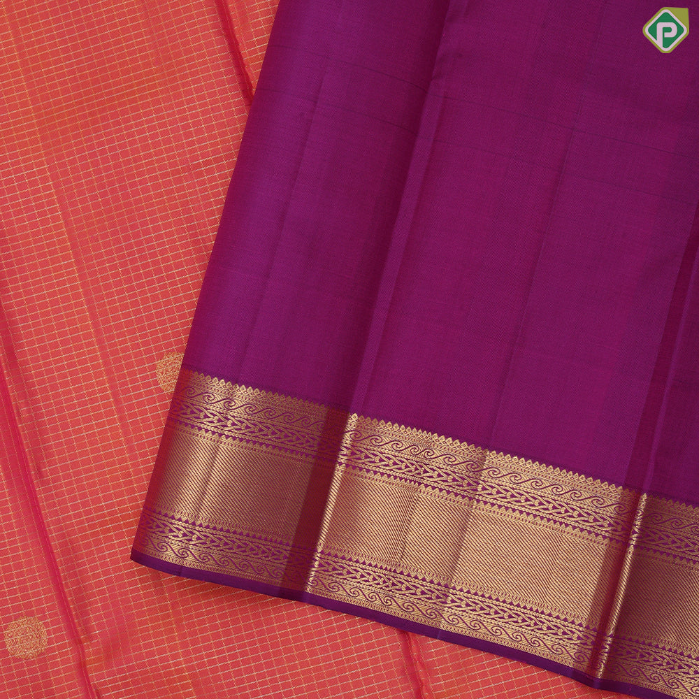 Pinkish orange gold zari vairaoosi checked mid round butta purple gold zari border traditional silk saree
