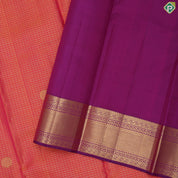 Pinkish orange gold zari vairaoosi checked mid round butta purple gold zari border traditional silk saree