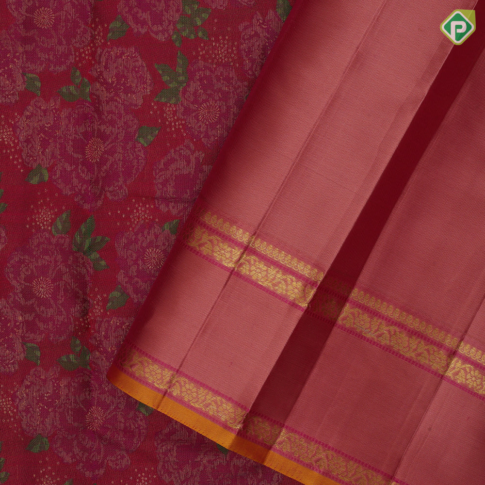 Rani Pink Gold Zari Flower Design Peach Floral Border Design Grand Silk Saree