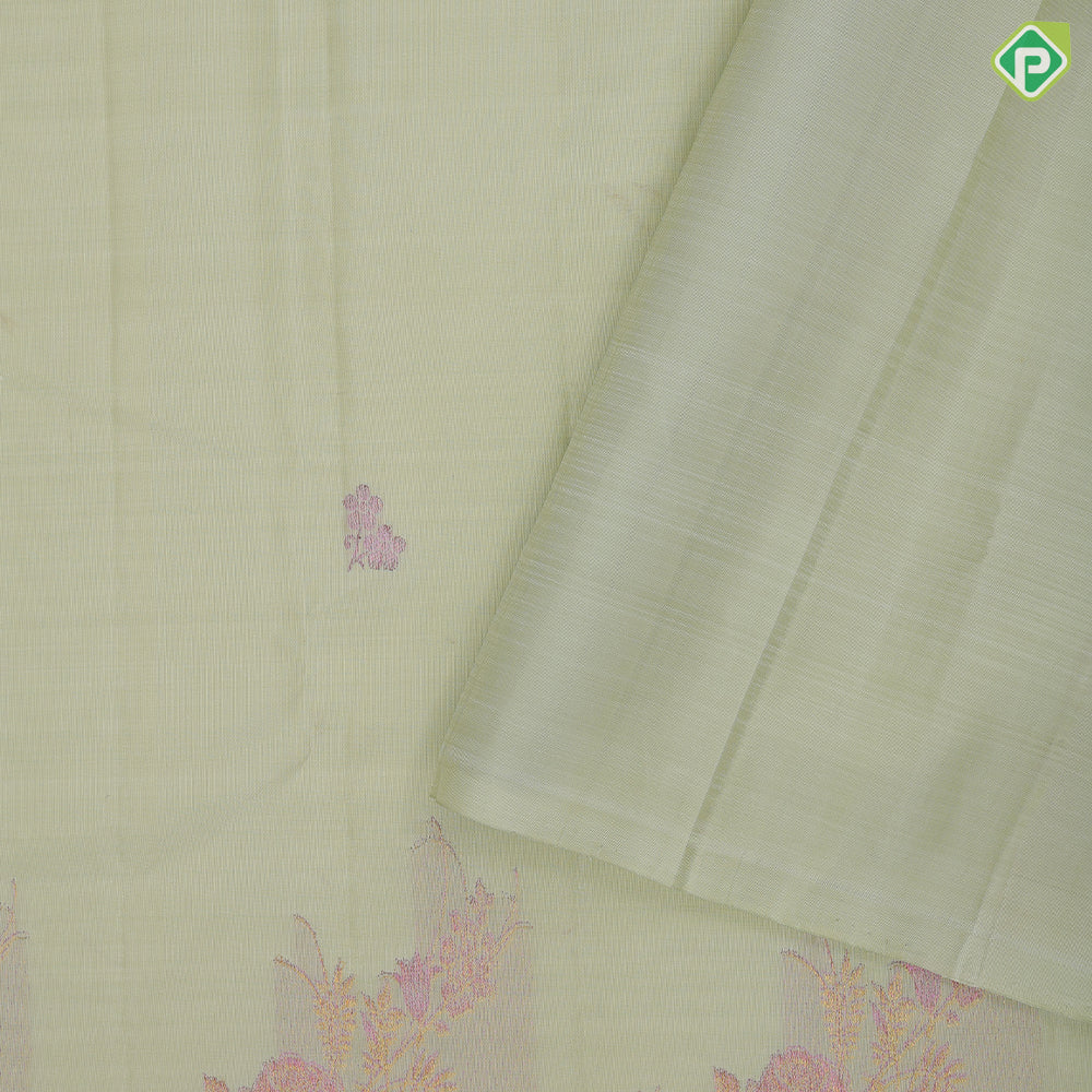 Pista green rose gold neem zari fancy flower butta motifs self tuning floral border trendy designer silk saree