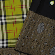 Apple green base multi color mardas checks design black color silver gold zari banaras style border traditional silk saree