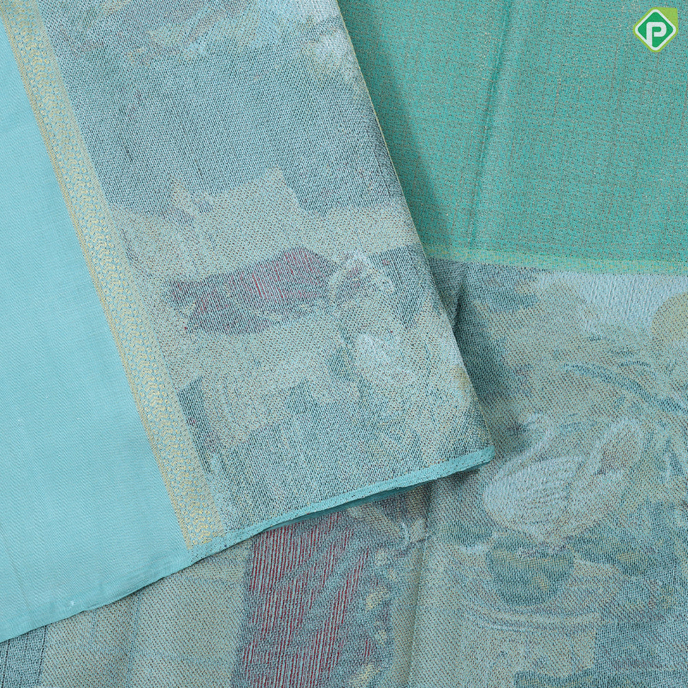 Rama Green gold zari by zari tissue weaved design queen in nandavanam modern art paint trendy tissue silk saree