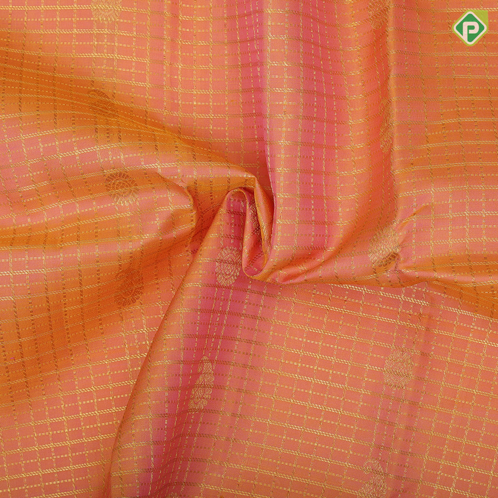 peach pink gold zari checks and mango chakkaram butta rose pink gold zari rettapet border pattu paavadai lehanka