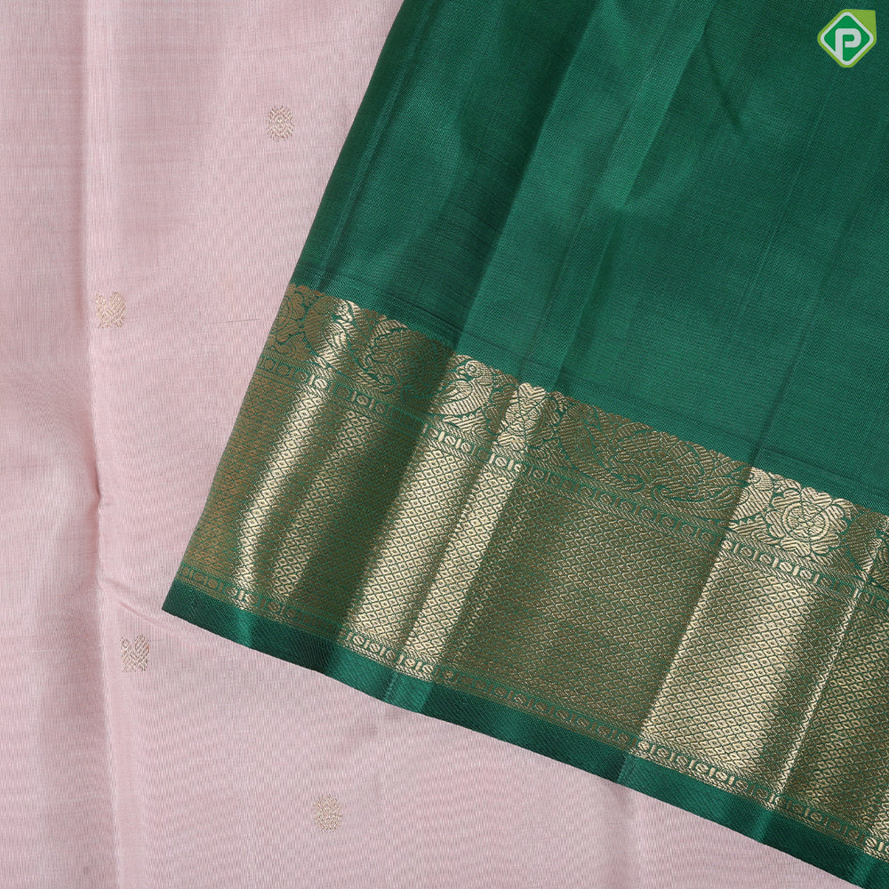 peach gold zari peacock rudraksham butta design contrast green gold zari diamond border traditional silk saree