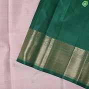 peach gold zari peacock rudraksham butta design contrast green gold zari diamond border traditional silk saree
