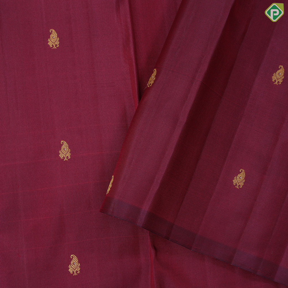 Maroon gold zari mango butta with beige with self stripes half and half trendy silk saree