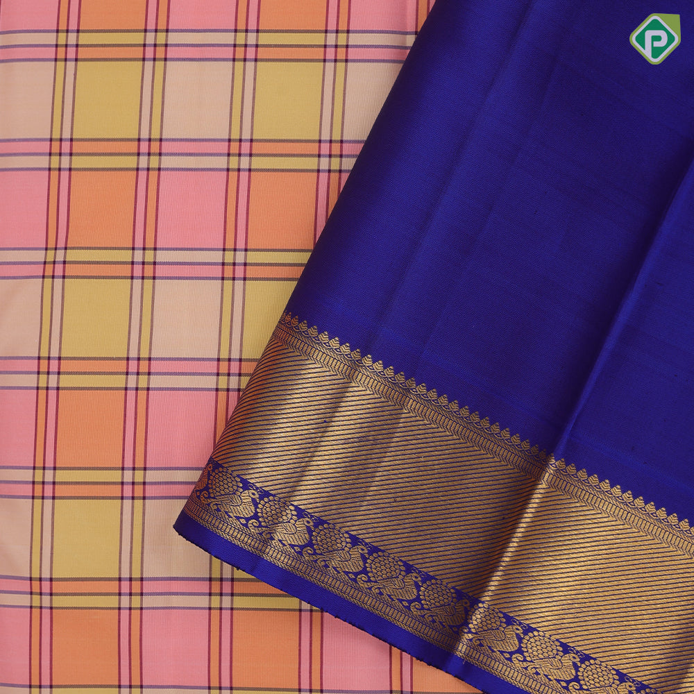 Pastel multi color madras checks design blue gold zari peacock butta gatti border paalum pazhamum silk saree