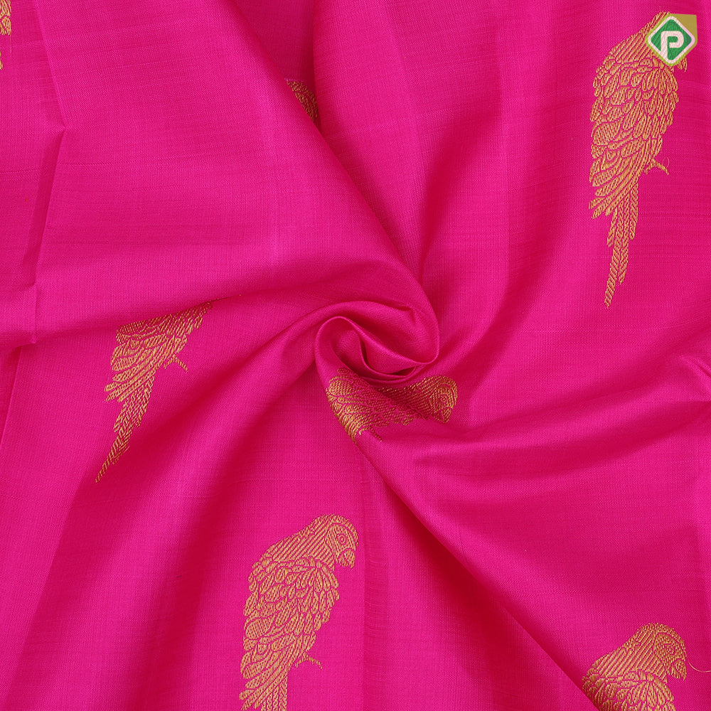 Rose pink gold zari parrot butta design manthulir green gold zari multi lines border pattu paavadai lehanka