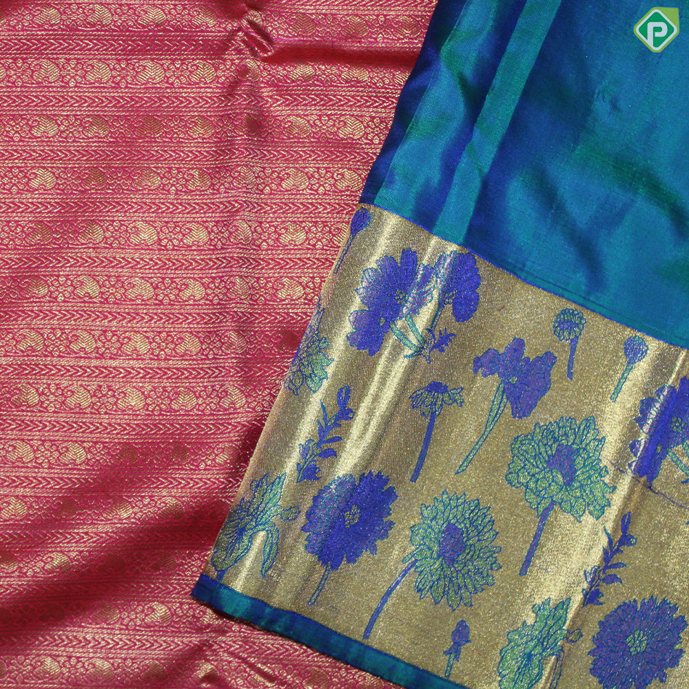 Rani Pink Gold Zari Self Designed Lines Peacock Blue Meena Work Border Grand Bridal Silk Saree