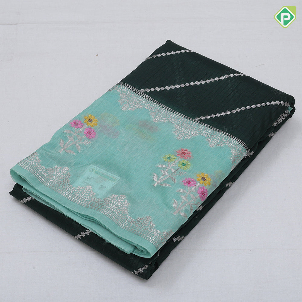 Dark Colour Based Silver Zari Diamond Cross Design Contrast Border Flower Design Fancy Cotton Saree