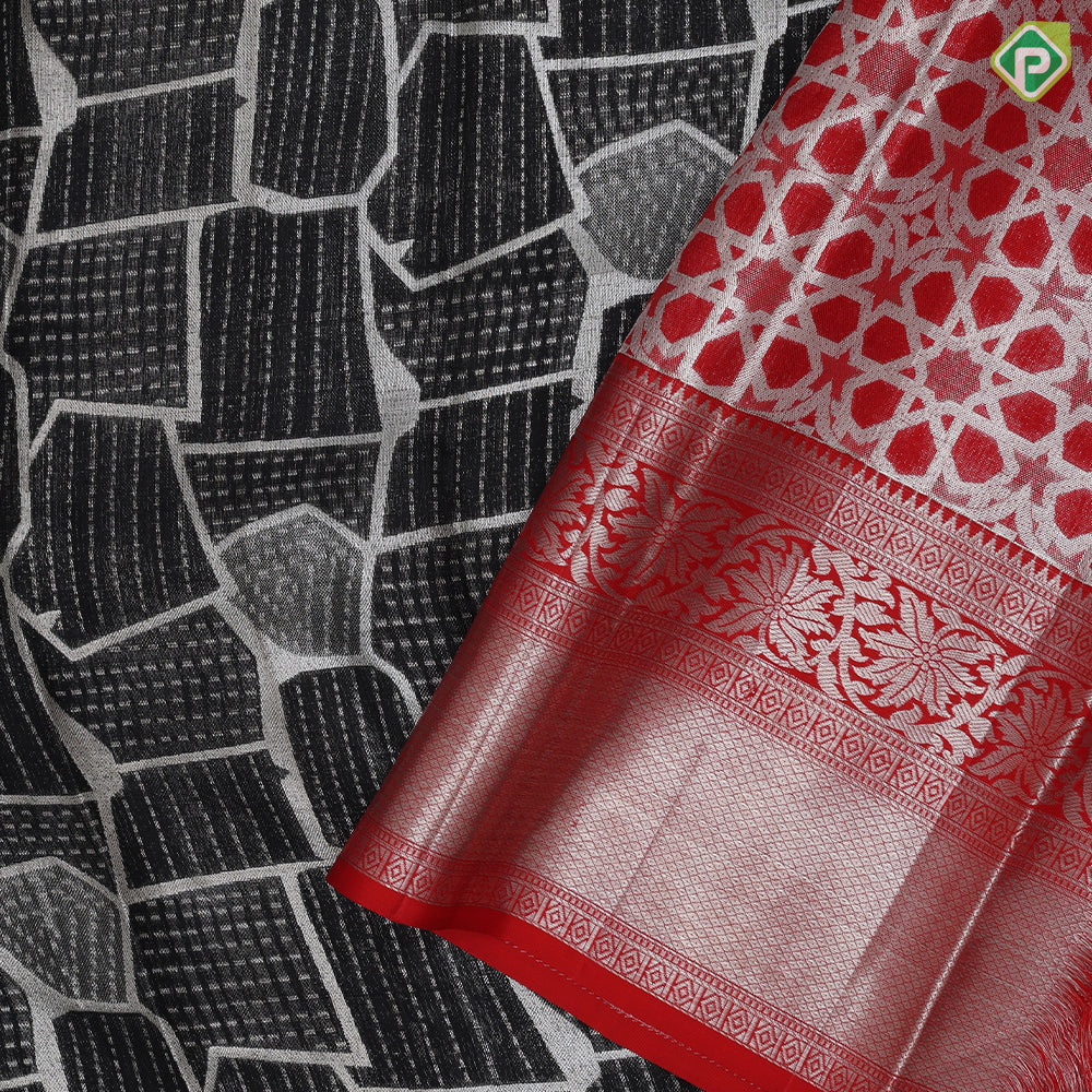 Black colour Silver Zari Checks Design Chilly Red Floral Mayilkan Border Design Luxury Black silk Saree