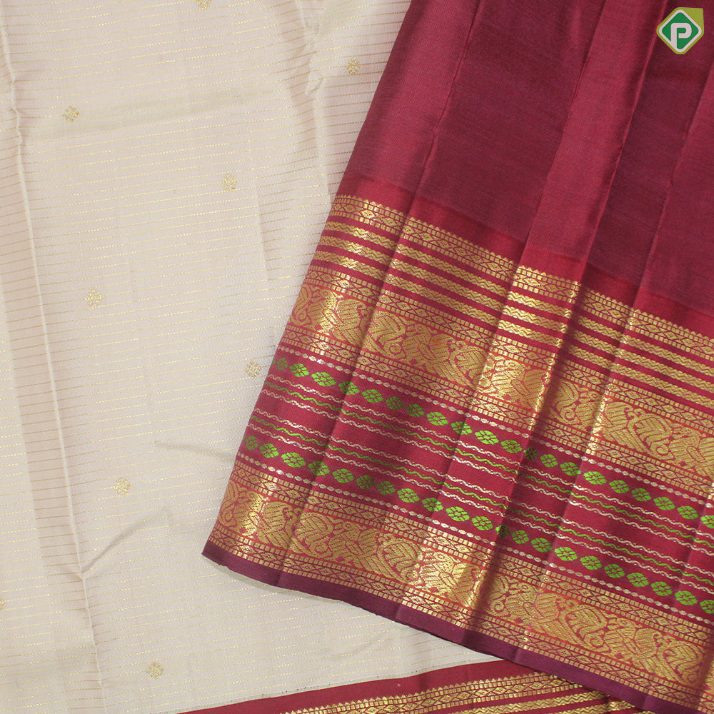 White Beige Gold Zari Lines And Small Motif With Maroon Peacock Ruthracham Design Border Traditional Silk Saree